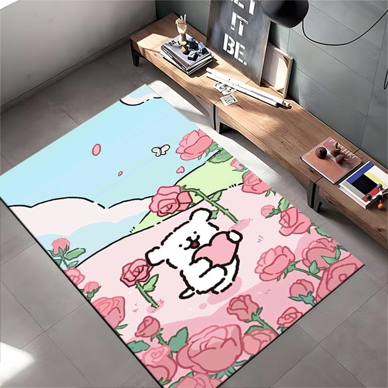 Cartoon Bear with Heart and Pink Roses Pastel Color Carpet Decor Suitable for Use As an Anti-slip for Living Room Bedroom Sofas