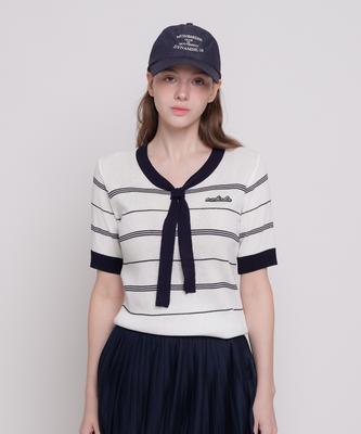 MONBIRDIE GOLF Ribbon Tie Short Sleeve Knit Navy