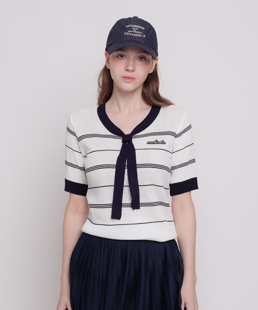 MONBIRDIE GOLF Ribbon Tie Short Sleeve Knit Navy