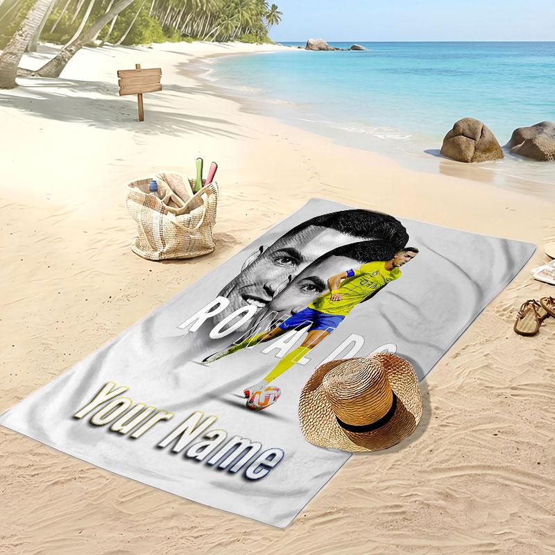 Asciugamano da Spiaggia Personalizzato Stampato Cristiano Ronaldo Logo Calcio Supporto Nome Personalizzato Testo Asciugamano Assorbente Per Sport Viaggio Regalo Speciale
