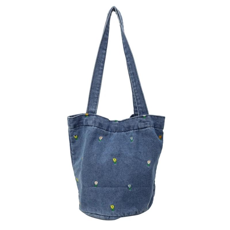 Hot Selling Embroidery Versatile Leisure Denim Fashionable Women's Shoulder Bag  New Trend Large Capacity Bucket Bags