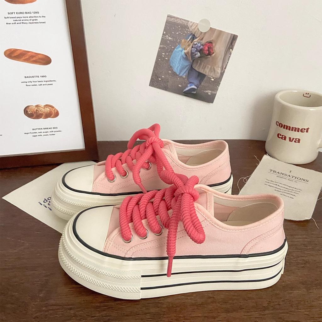 Cream Platform Canvas Shoes Women's Thin Spring and Autumn New Ins Tide Niche Big Head Muffin Student White Shoes