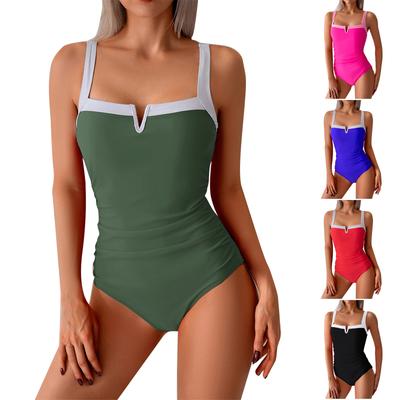 Damen Badeanzug Einteiler Quadratischer Ausschnitt V-Ausschnitt Tankini mit Kontrastbesatz Bequeme Passform Bademode
