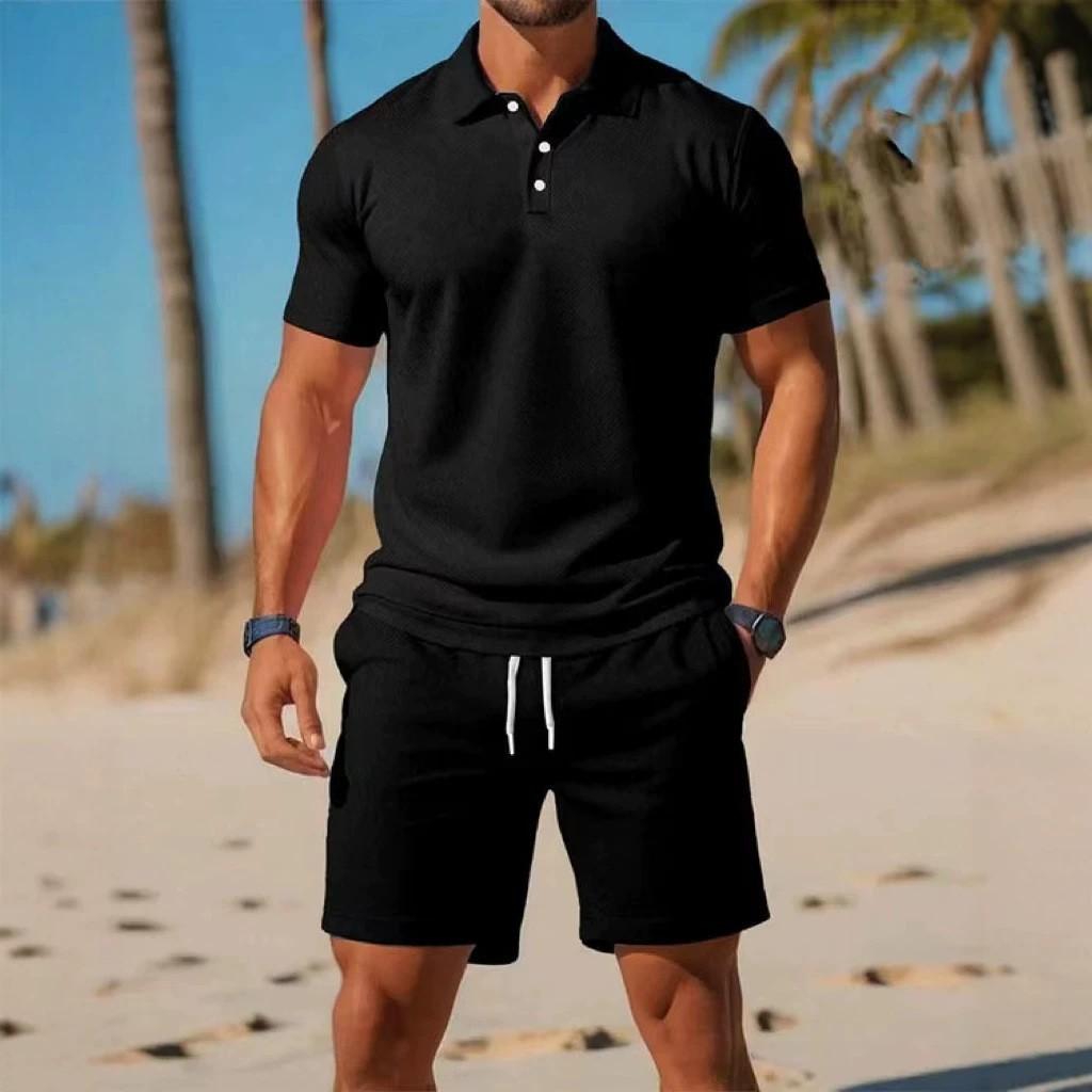 Herren Sommer-Zweiteiler Einfarbiges Kurzarm-Polohemd Shorts mit Kordelzug und elastischem Bund Lässiges Strand-Geh-Trainingsanzug-Set