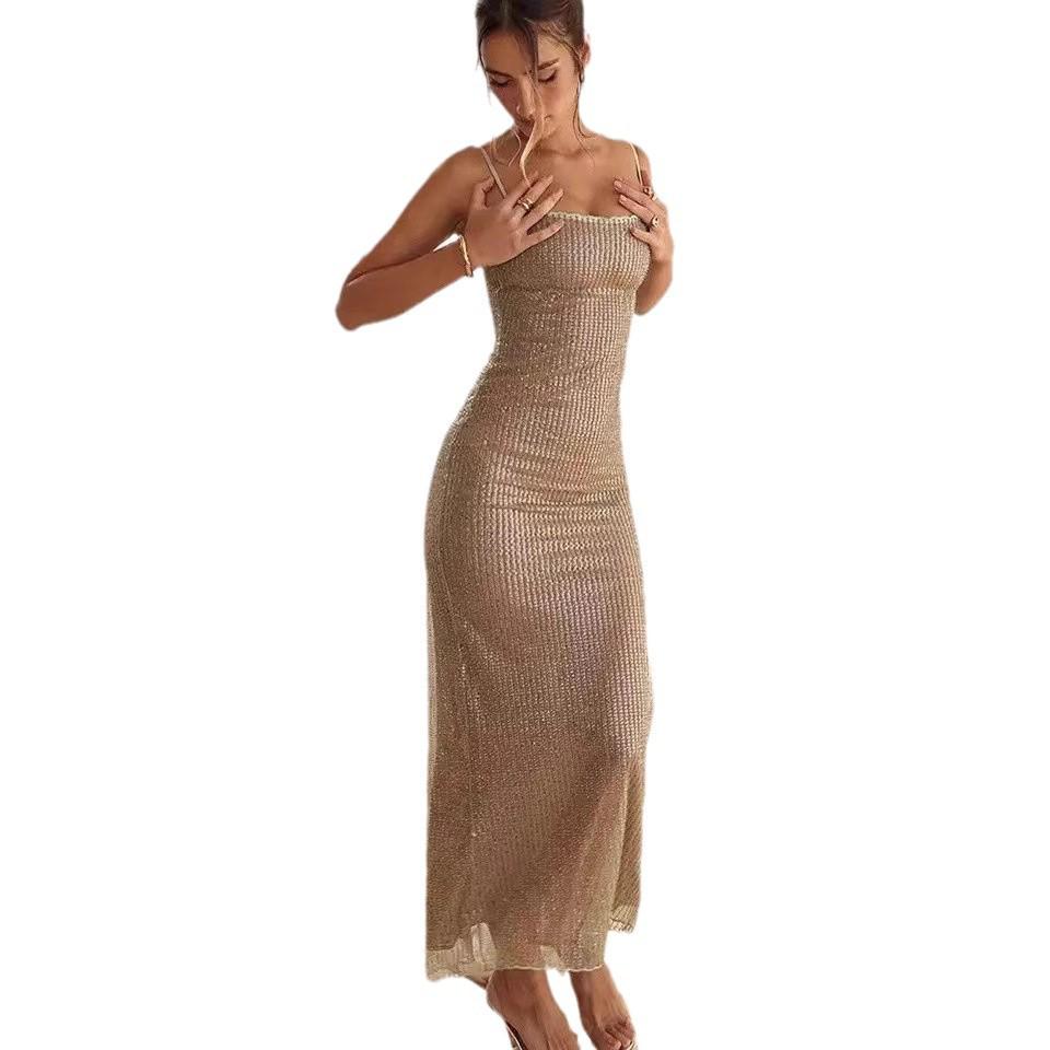 2023 Sequined Slim Spaghetti Strap Evening Dress with Slit and Square Neck