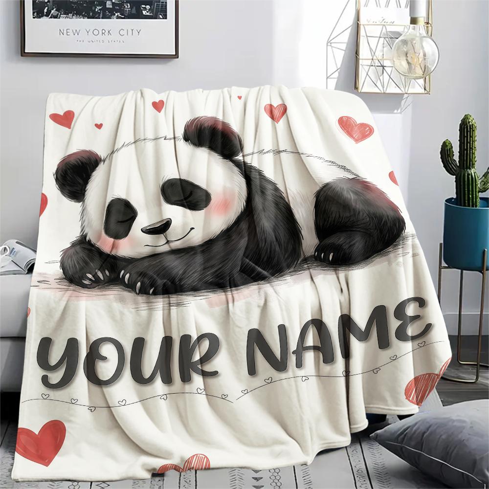 1PC Custom Name Panda Love Heart Theme Patterned Flannel Blanket Suitable For All Seasons for Home Decor Warmth and Comfort Gifts Holiday Present_lx
