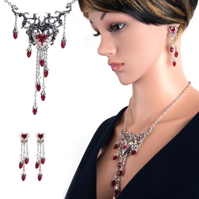1 Set Niche Design Sense Red Dripping Diamonds Necklace Love Heart Earrings Halloween Christmas Fashion Retro Earrings
