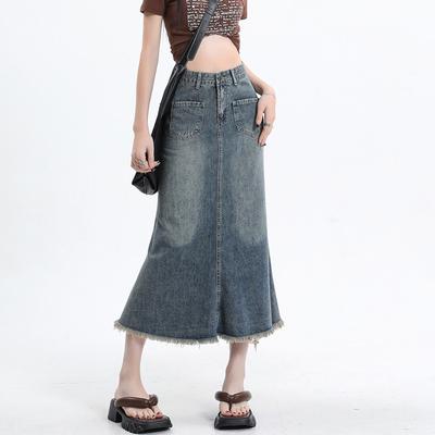 Raw Edge Vintage Denim A-Line Half Skirt Women High Waist Design Sense Package Hip Mid-Length Skirt Fishtail Comfortable Fashion Denim Bustier Skirt