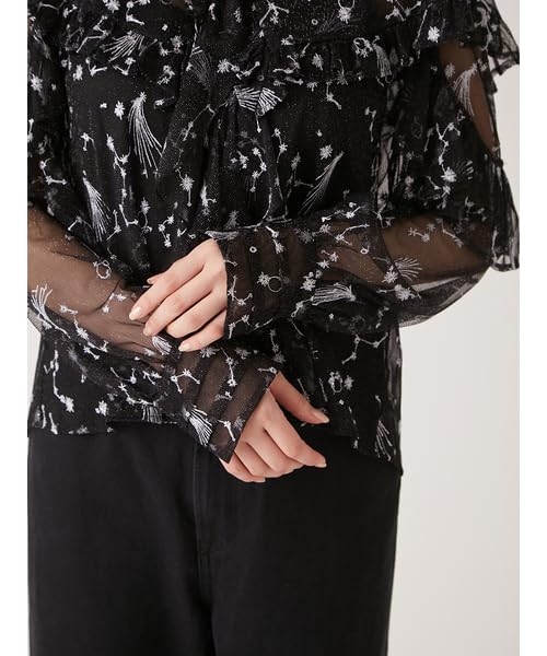 Lily Brown Starry Sky Embroidered Frill Blouse LWFT245101 Black Women's