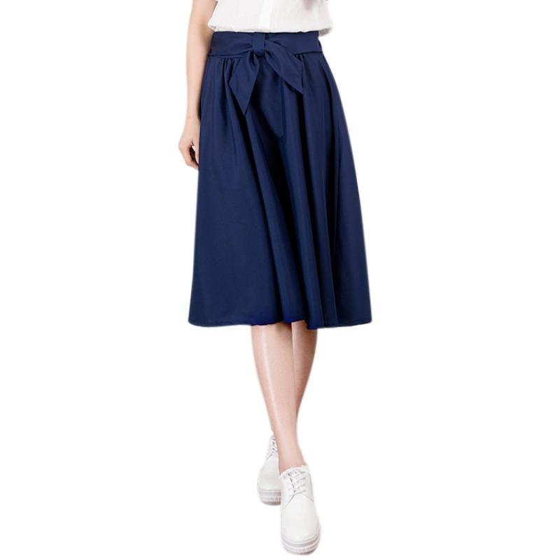 Lady's Elegant High Elastic Waist Pleated Skirts  Casual Bow Mid-calf Skirts