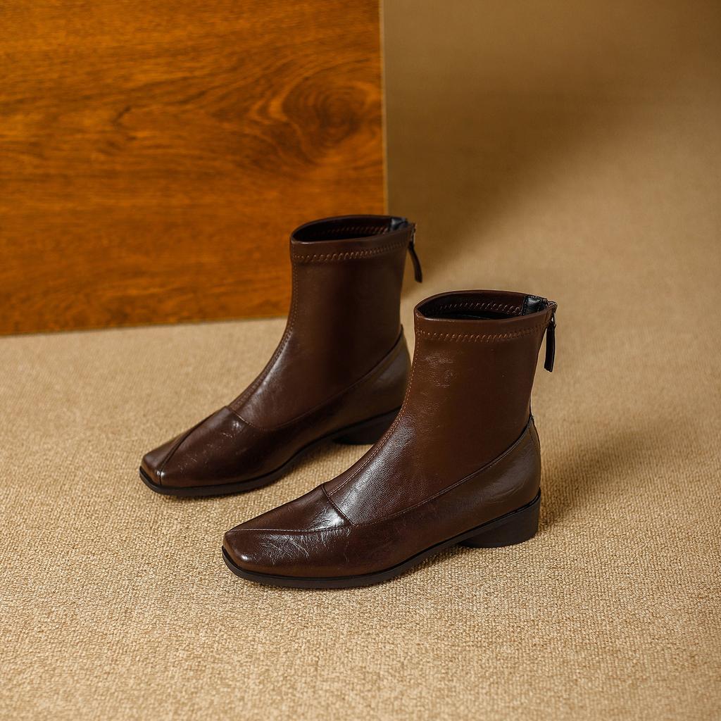 Square head small short boots women's 2025 new autumn Maillard thin boots fashionable versatile rear zipper Martin boots