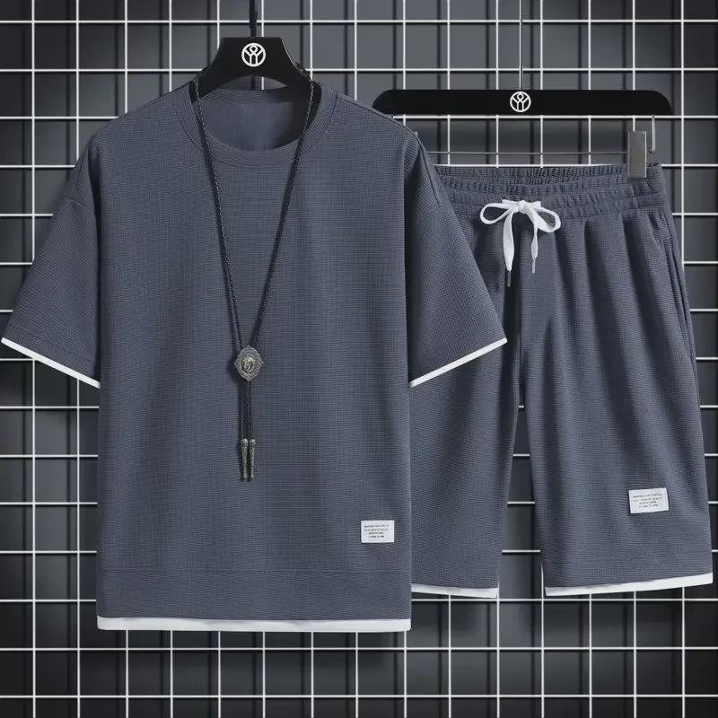 Ice Silk Waffle Sports Set: Loose Half-Sleeve T-Shirt & Half-Pants for Summer Leisure