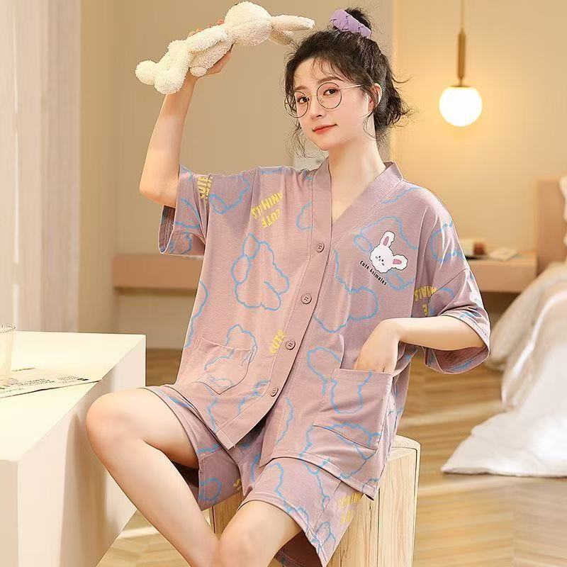 Cardigan Short Sleeve Shorts Pajama Set Girls Summer Kimono Sweet Cute Panda Can Wear Loungewear
