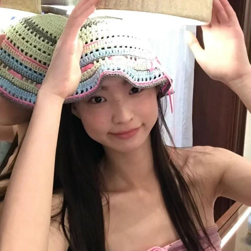 Handmade Knitted Bucket Hats Bow Ribbon Weave Hats Ins Hollow Basin Cap  Streetwear