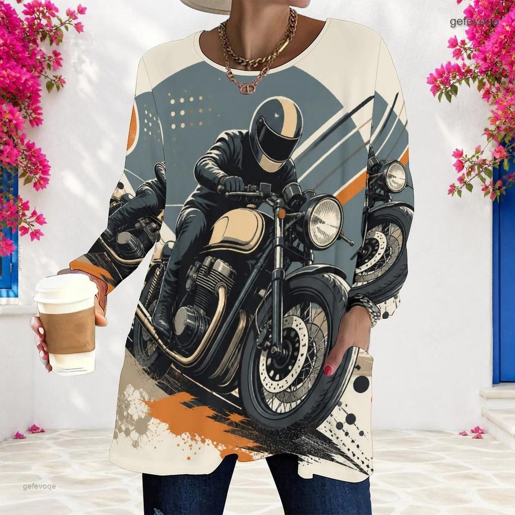 Women Plus Size Round Neck Long Sleeve Cartoon Excavator Printed Loose Longline T Shirt With Pockets
