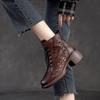 Johnature Stivali traspiranti scavati estivi Sandali con punta tonda retrò in vera pelle Scarpe con tacco medio da donna