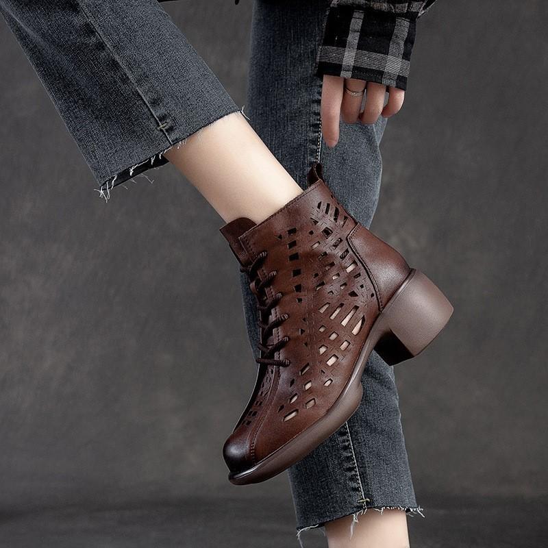 Johnature Stivali traspiranti scavati estivi Sandali con punta tonda retrò in vera pelle Scarpe con tacco medio da donna