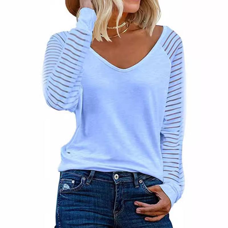 Women's Splicing Long Sleeve Top Striped Casual Loose Shirt Ladies T-Shirt