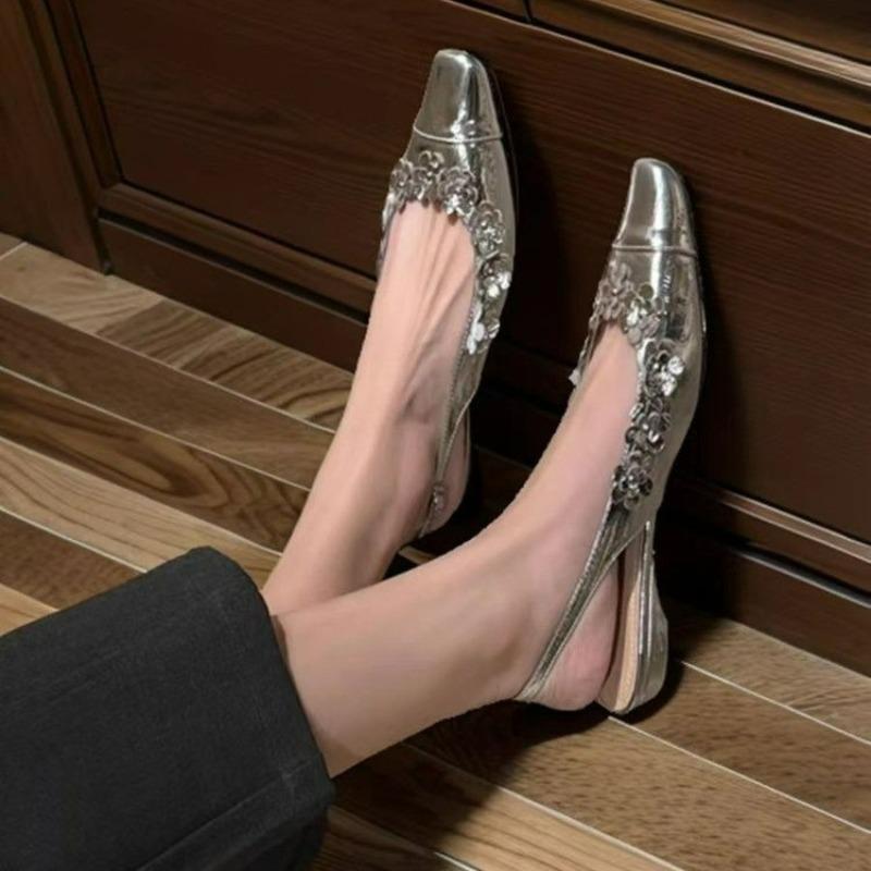 

Женские весенние новые модные лоферы с квадратным носком, дизайнерские, с пайетками, из лакированной кожи, слингбэки, повседневные, удобные, дышащие, туфли с низким верхом 35 серебряный