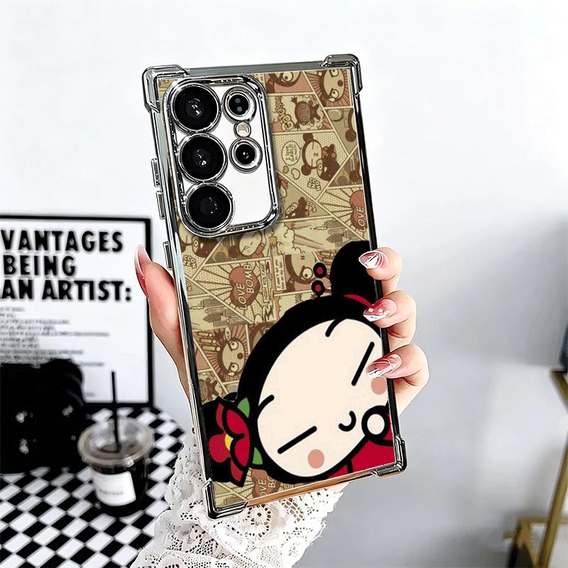 Cartoon Cute Pucca Garu Plating Phone Case For Samsung Galaxy S24 S25 FE S26 Edge S23 Ultra S22 S21 Plus S20 Anti-Fall Airabag C