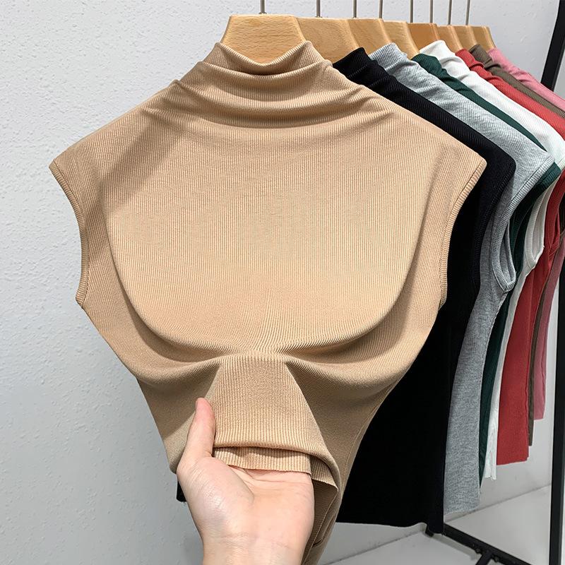 Ärmellose Weste Damen Neu Europäische Damenbekleidung Temperament Halber Rollkragen Basic-Shirt Elastisches Innenliegendes Temperament Top
