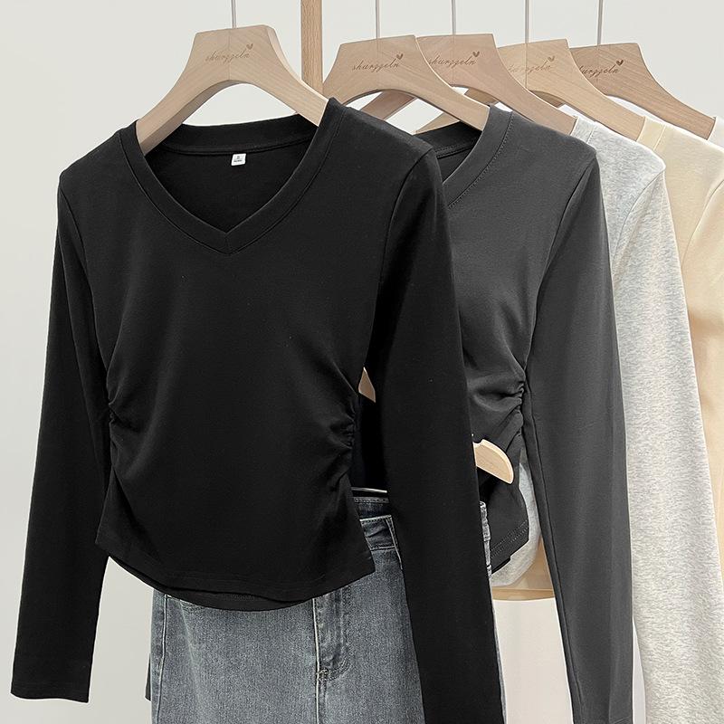 Damen V-Ausschnitt Slim-Fit Langarm-T-Shirt, Neuer Frühling/Herbst Stil mit Raffung an der Taille, Schickes Hot Girl Top, Vielseitiges Basic-Shirt.