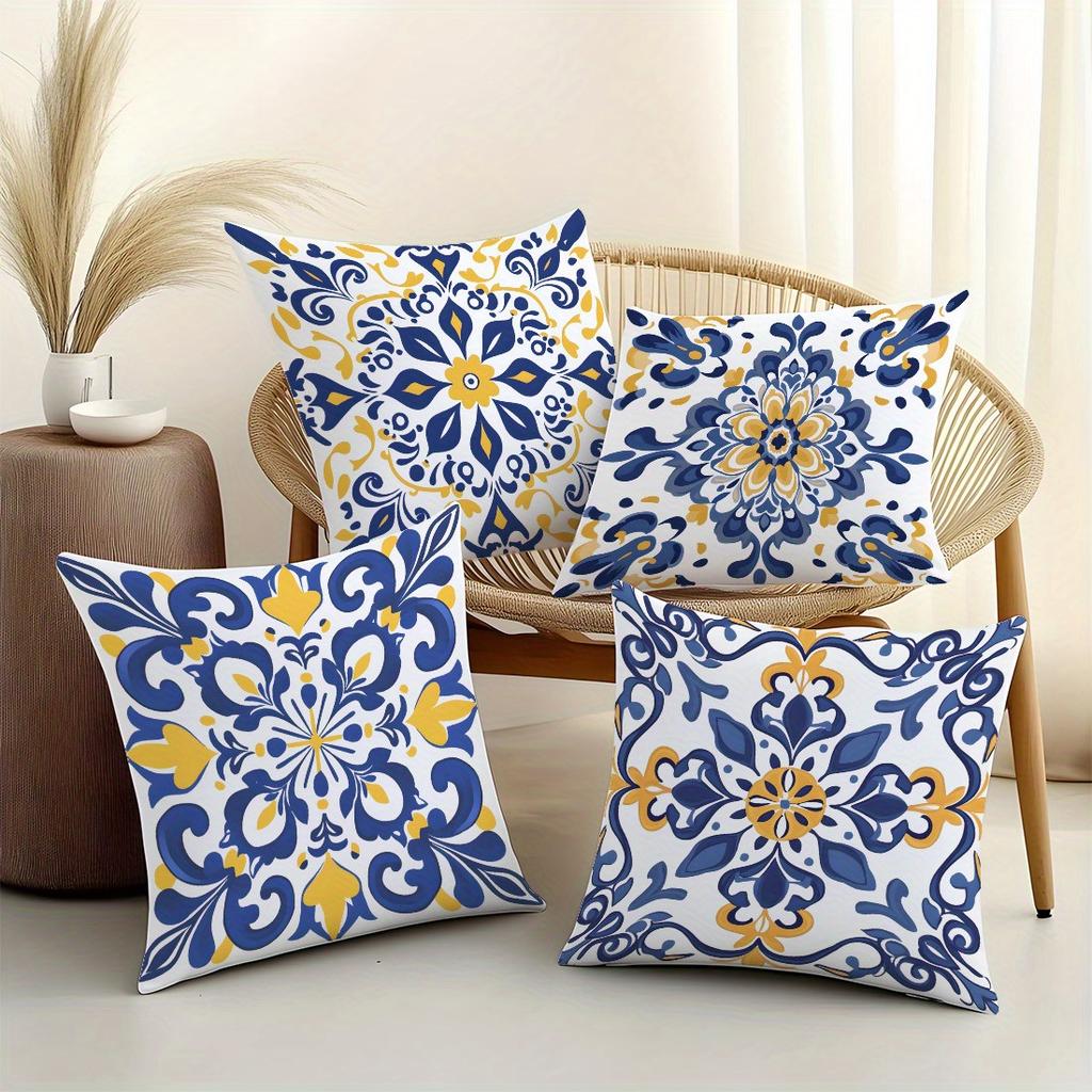 Teal Yellow Bohemian Italian Tile Pattern Pillow Covers Decorative Cushion Cover Living Room Bedroom Sofa Home Ornament Art