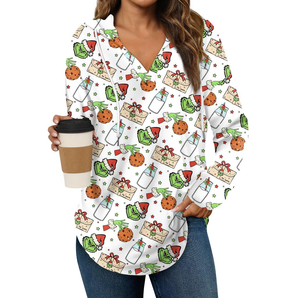 Women's Fashion Hoodies V Neck Long Sleeve Christmas Printed Drawstring Casual Loose Pullover Tops