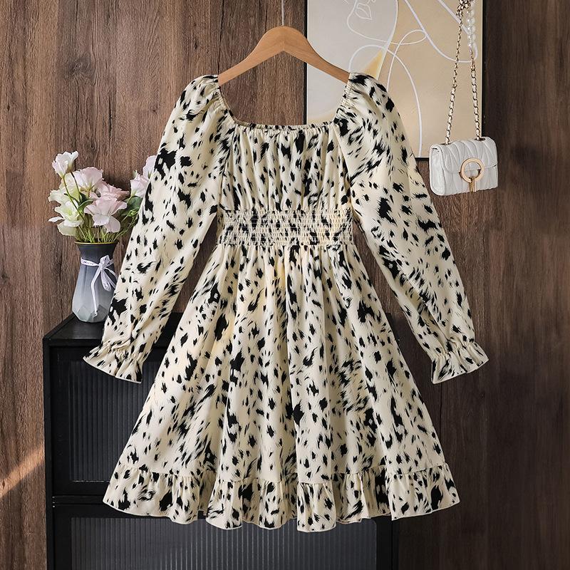 Girls Dress Children's Clothing Autumn New French Elegant Printed Long Sleeve Waist Princess Dress