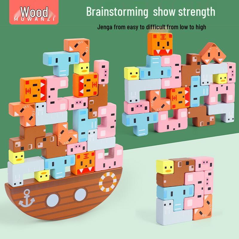 

Wooden Animal Balance Boat: Stackable Tabletop Puzzle Game for Kids