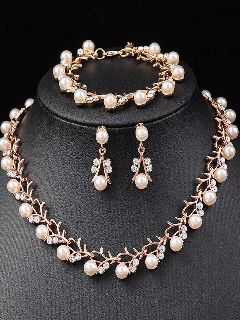 4pcs Women's Zircon Set with Pearl Rhinestone Necklace, Earrings, Bracelets, Bride's Wedding Accessories