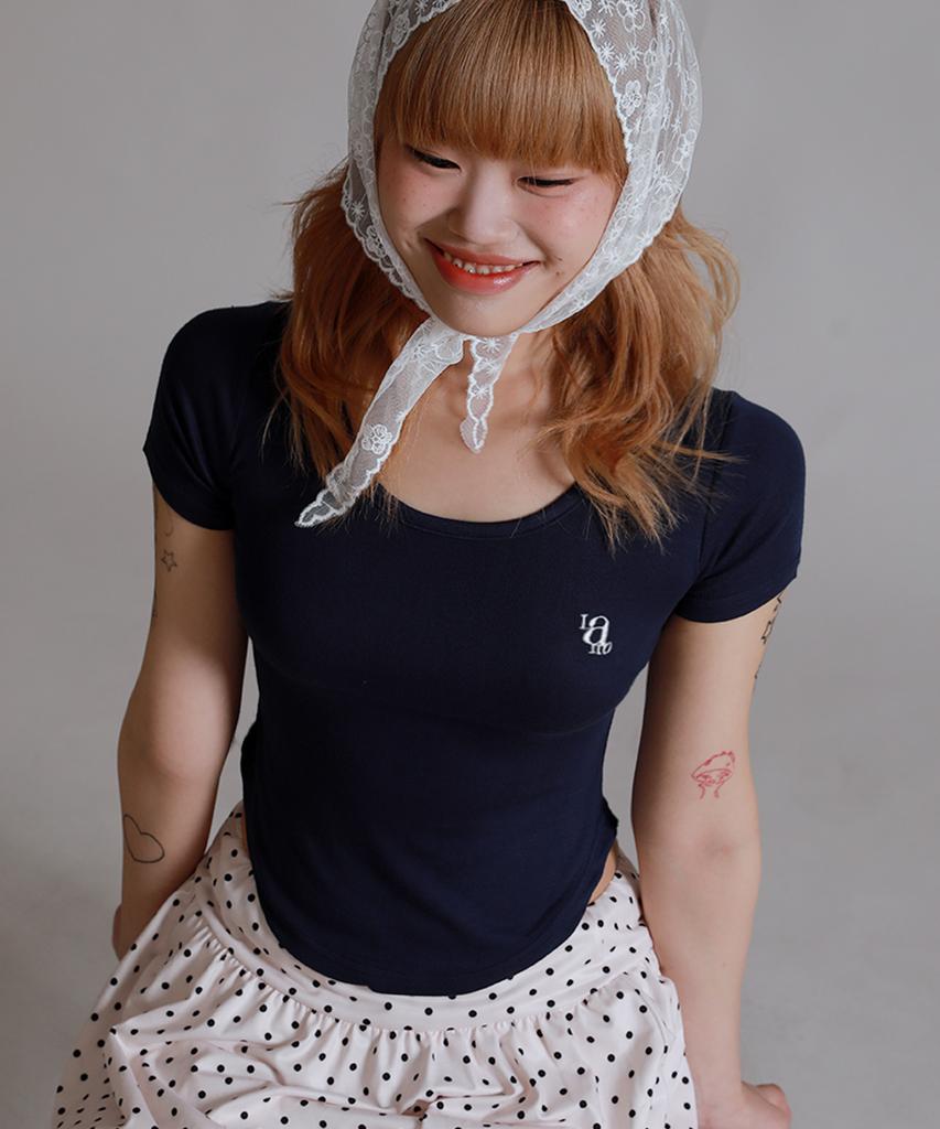 LIKE THE MOST U-Neck Round Cut Half T-Shirt_Navy