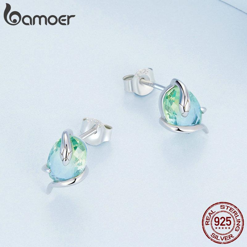 BAMOER 925 Silver Vintage Green Rhinestone Long Snake Earrings Studs Platinum Plated BSE731