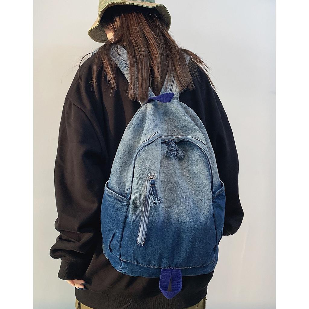 New Minimalist Gradient Casual Backpack Trendy Backpack Denim Canvas Washed Versatile Backpack for Couples