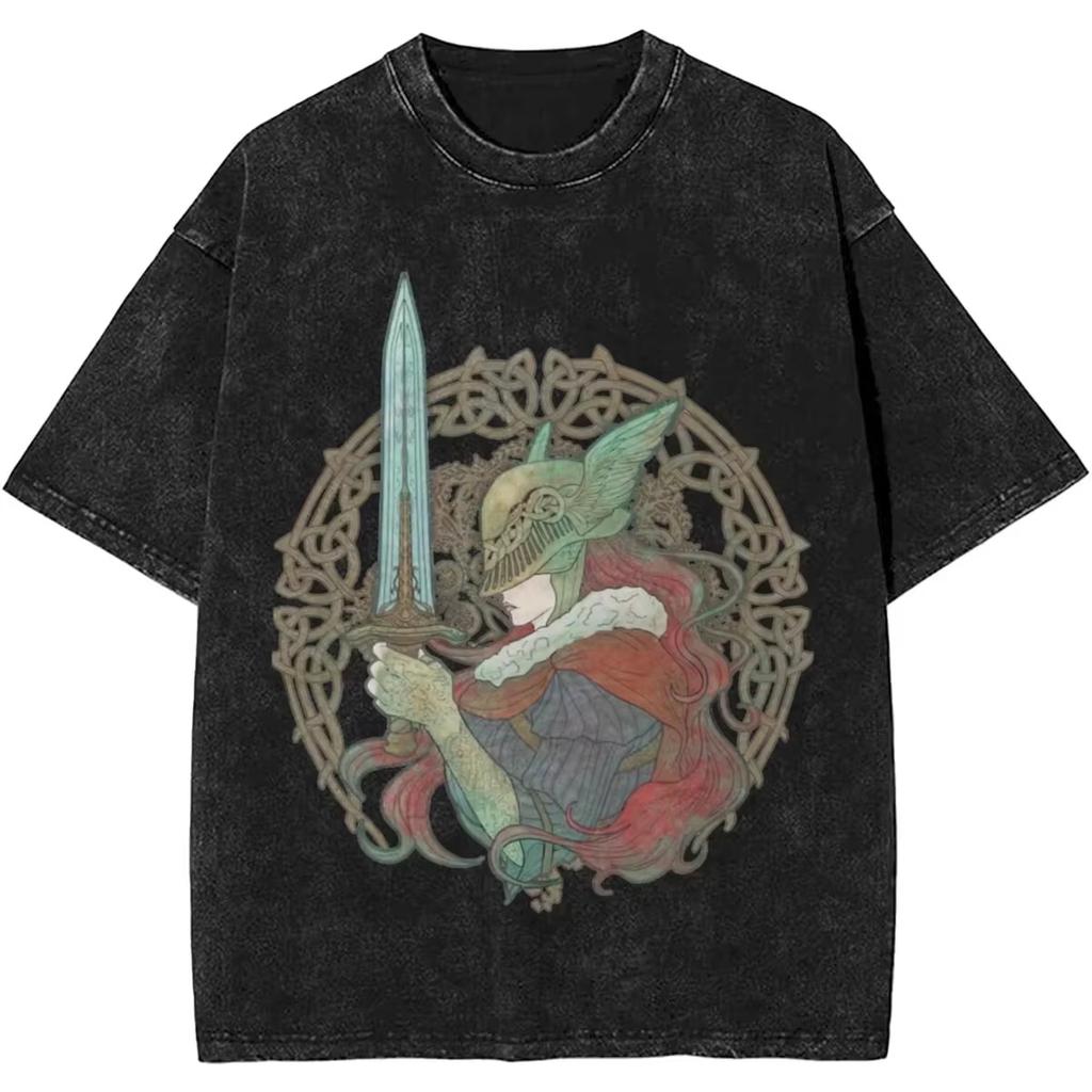 Damen Herren Malenia Klinge von Miquella Gewaschenes T-Shirt Sommer Maidenless Tarnished Klassisches Einfaches Harajuku T-Shirt