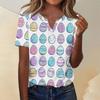 Camiseta de Manga Tres Cuartos con Botones y Cuello en V, Estampado de Conejo y Huevo de Pascua, Moderna y Casual para Mujer