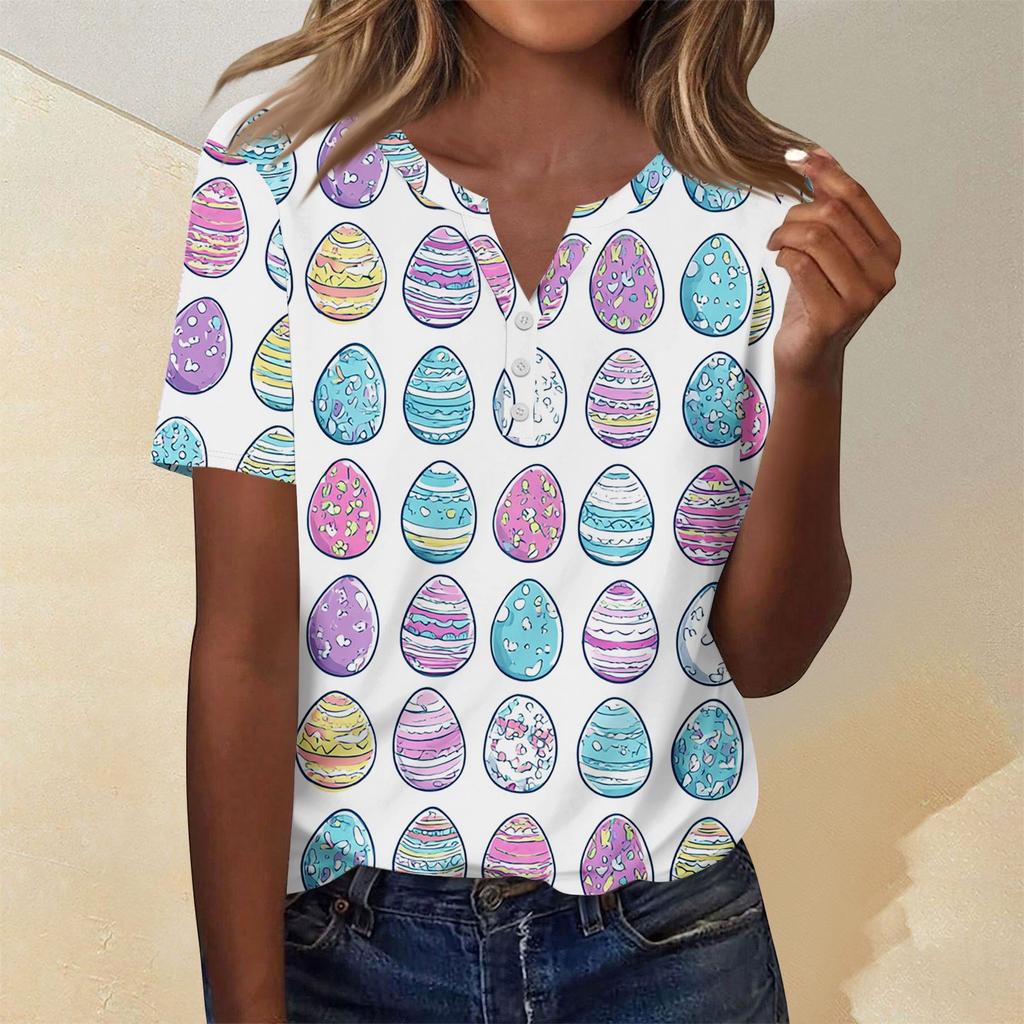 Camiseta de Manga Tres Cuartos con Botones y Cuello en V, Estampado de Conejo y Huevo de Pascua, Moderna y Casual para Mujer