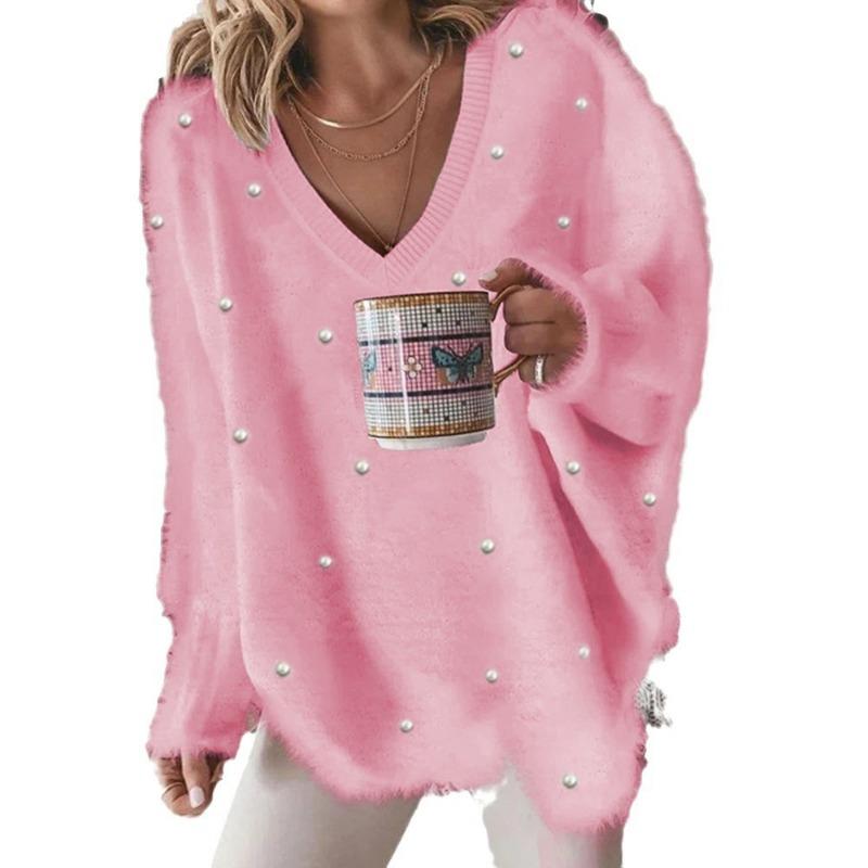 Autumn and winter new V-neck beaded solid color pullover sweater women's imitation mink knitted sweater