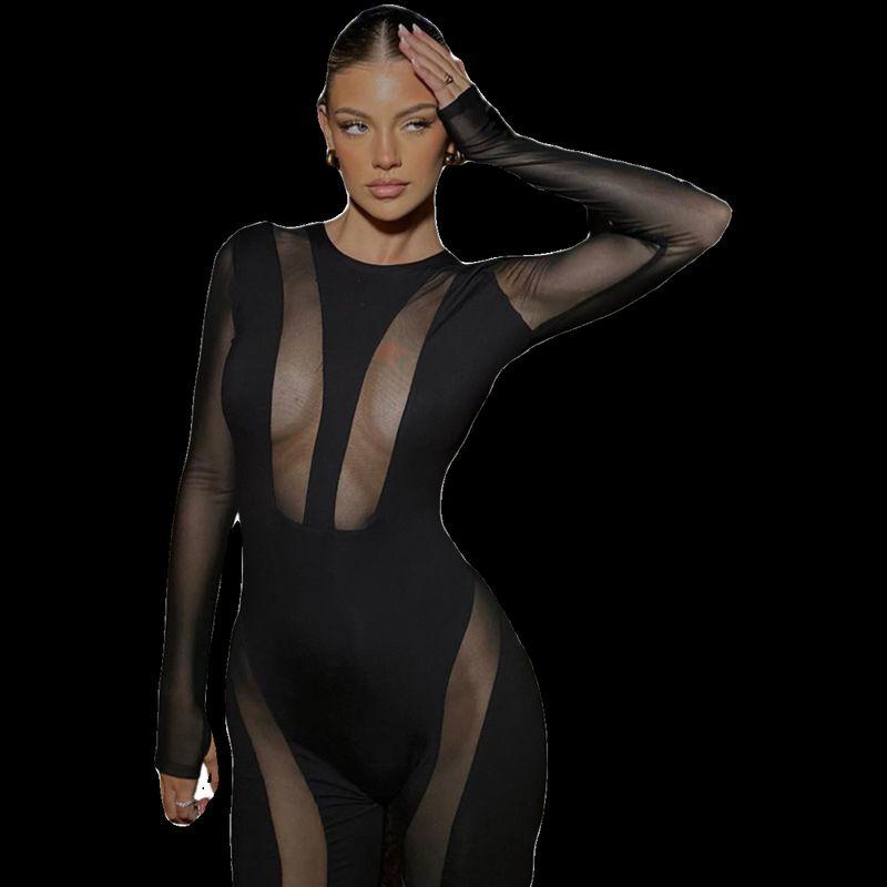 

Комбинезон Модный Стиль 2023 Лето Новое Поступление Женская Одежда Модный круглый вырез Длинные рукава Сексуальная сетка Прозрачный Слим Black S
