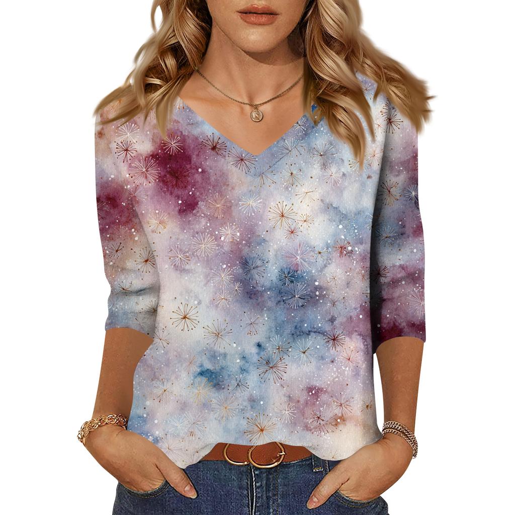 Women's Tops Three-quarter Sleeve Shirt V-neck Loose Casual Shirt Print T-shirt