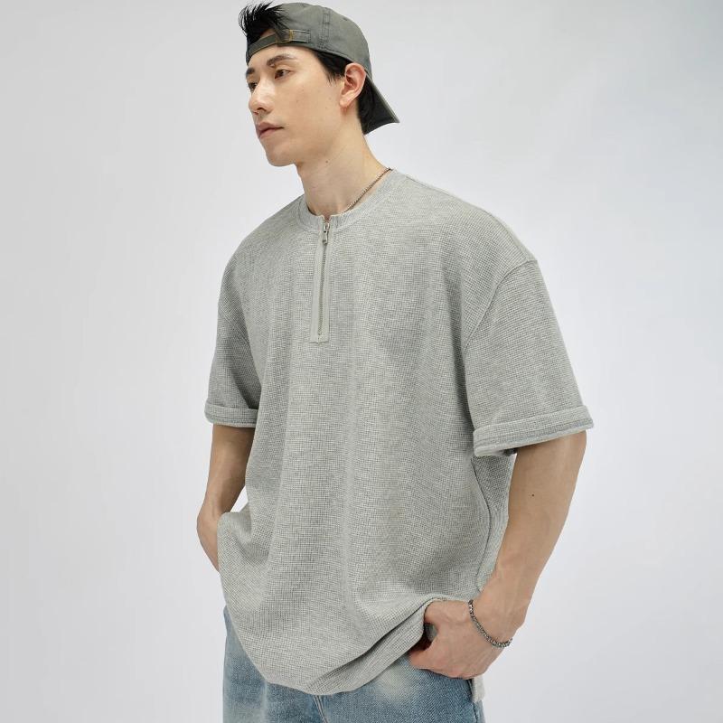 Men's Gray Waffle Knit Half Zip Short Sleeve T-Shirt Casual Streetwear Top
