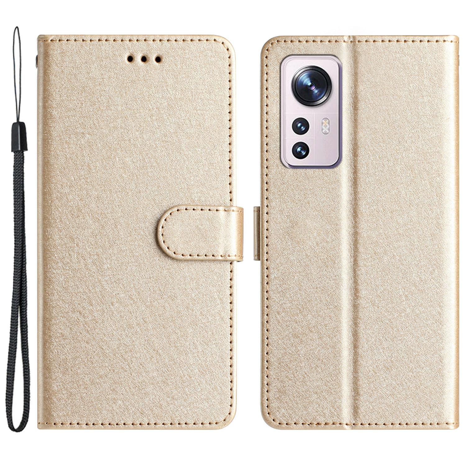

For Xiaomi 12 Lite 5G Wallet Phone Case Viewing Stand Silk Texture Leather Cover with Wrist Strap Gold