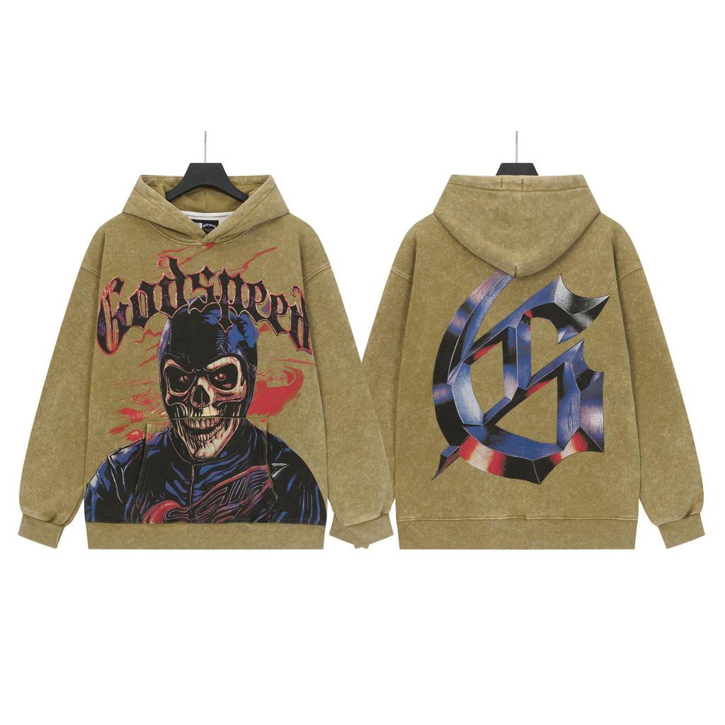 God Bless America Retro Rock Street Print Washed Hoodie - Casual Loose Fit