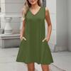 Women's Summer Dresses Loose Fit Solid Color V Neck Sleeveless Sundresses Beach Hawaiian Dress With Pockets