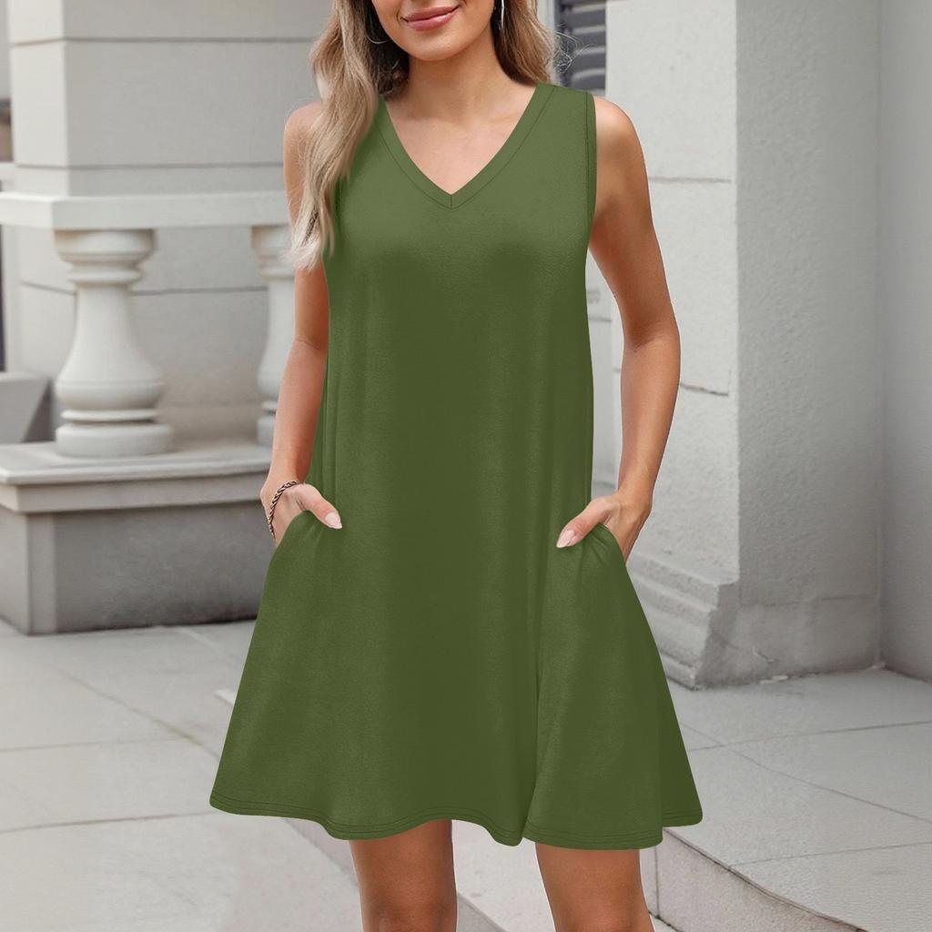 Women's Summer Dresses Loose Fit Solid Color V Neck Sleeveless Sundresses Beach Hawaiian Dress With Pockets