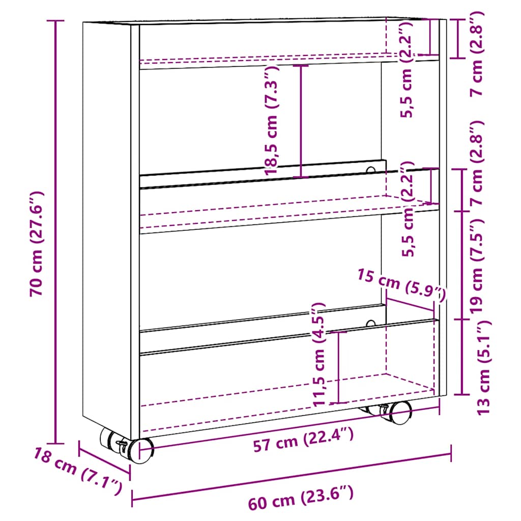 Narrow Storage Trolley 3 Tier Concrete Grey Wood Based Material