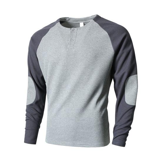 Spring Fall Men Top Regular Fit Colorblocked Long-Sleeve T-Shirt Buttoned Round Neck