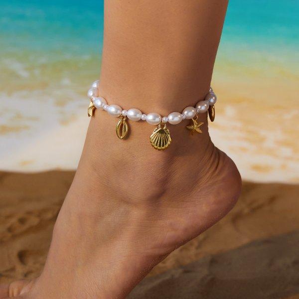 Bohemia Starfish Shell Beaded Anklet For Women Handmade Rice Beads Pearl Conch Bracelet on the Leg Summer Barefoot Beach Jewelry
