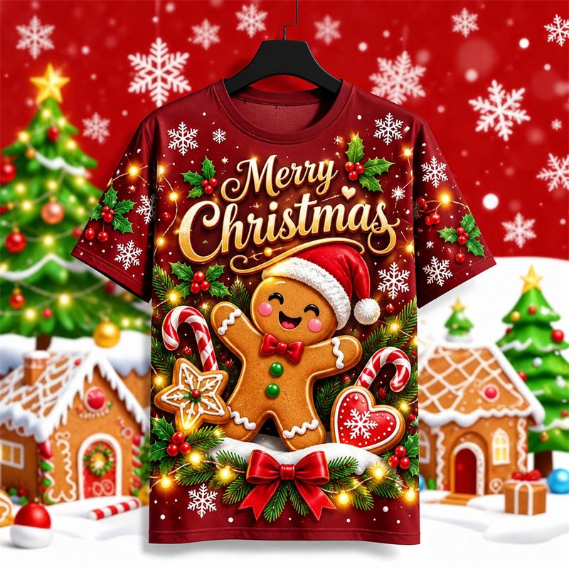 Santa Gingerbread Man Graphic Christmas T Shirt Men Women 3D Print Fashion Xmas Graphic Tee Unisex Holiday Casual Tops Hot Sale