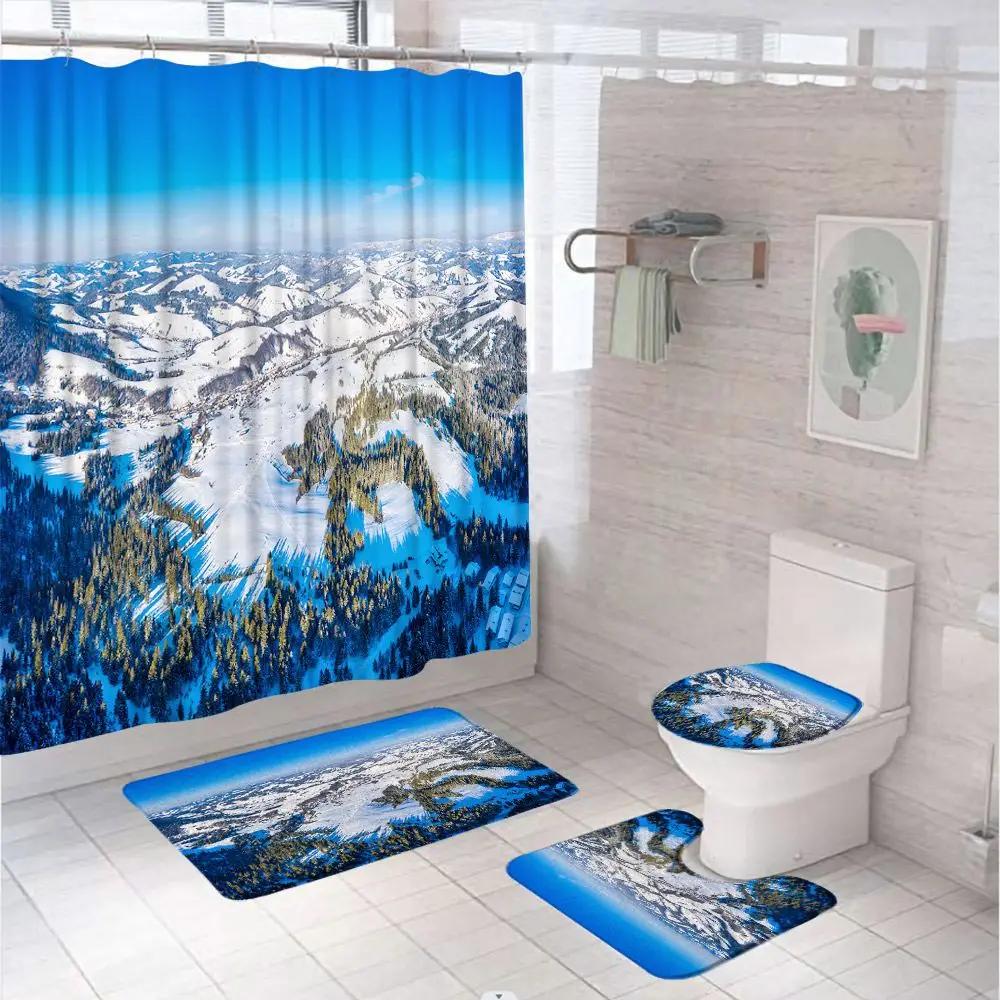 

Winter Natural Scenery Shower Curtain Sets Snow Mountain Mount Fuji Cherry Blossoms Bathroom Curtains Bath Mat Toilet Cover Rugs W60H190(CM)-1 Pcs